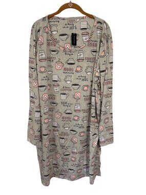 NWT EnjoyNight Nightgown Gray Pink Coffee Cup Design L/S Womans 3X